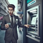 یک مرد در حال کار با دستگاه ATM است که متوجه می شود این دستگاه یک Skimmer است در حال دزدی از کارت او استگ