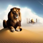 تصویر یک شیر زیبا و قوی که در یک صحرا نشسته و در آسمان صحرا عکس گنبد حضرت علی افتاده باشه