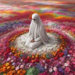 یک تصویر بساز از یک مادر با چادر و حجاب سفید که در یک مکان نورانهی نشسته است و در کنارش و زیر پاهایش پر از گل های رنگی است
