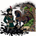 عکس کارتونی رستم که کنار چشمه آب سیاه رنگ ایستاده