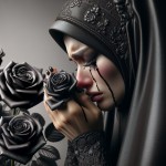 یک زن  با حجاب کامل و چادر سیاه نشسته است و در حال عبادت و گریه کردن است  و در کنارش پر از گل های رز مشکی است