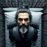 نمایی از بالا از مردی حدودا ۴۰ ساله با موهایی بلند که از پشت بسته و ریش پرپشت و کمی سفید و ابروهایی مشکی و کشیده و چشمانی نافذ که روی یک تخت دراز کشیده است و دور تا دور او کتاب ها از زمین تا سقف چیده شده است