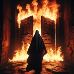 یک تصویر بساز از زاویه پشت ، یک زن با چادر و حجاب سیاه در حال عبور از درون یک در چوبی آتش گرفته است