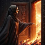 یک تصویر بساز از یک زن با حجاب کامل و چادر سیاه و چهره نورانی ، در حال عبور از یک در چوبی قدیمی که در حال آتش گرفتن است