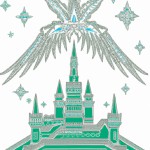 یه تصویر میخوام از قله قاف که در اون یه قلعه وجود داره که سعی میکنند آب حیات را با کمک سیمرغ کشف کنند
این طراحی باید کریستالی باشد و تم رنگی فیروزه ای و سفید باشد
