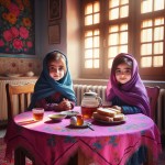 دو دختربچه چهار ساله ایرانی با روسری آبی و بنفش در اطراف میز چوبی، که روی میز یک رومیزی توری صورتی رنگ قرار دارد، در اتاق بزرگ و پر نور، روی میز یک ظرف عسل، چای و نان قرار دارد.