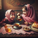 یک دختربچه چهار ساله ایرانی با روسری صورتی و برادر کوکش در اطراف میز چوبی، که روی میز یک رومیزی توری صورتی رنگ قرار دارد، در اتاق بزرگ و زیبا، روی میز یک ظرف عسل، چای و نان قرار دارد.