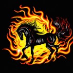 عکس اسب سیاه رنگ سیاوش(شبرنگ) را بکش که در تاریکی و میان آتش میدرخشه.