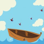 قایقی چوبی روی دریا با آسمان آبی و پرندگان در حال پرواز