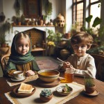دختربچه چهار ساله با روسری سبز رنگ و برادر کوچکش در اطراف میز چوبی، که روی میز ، یک رومیزی توری خردلی رنگ قرار دارد، در یک اتاق بزرگ با چند گلدان گل و گیاه، روی میز یک ظرف عسل، چای و نان قرار دارد.