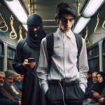 یک جوان ایرانی با پیراهن سفید و شلوار مشکی در اتوبوس ایستاده است و هندزفری در گوش خود گذاشته است و یک سارق در پشت او با لباس و ماسک سیاه ایستاده است