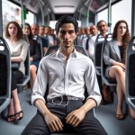یک جوان ایرانی با پیراهن سفید و شلوار مشکی در اتوبوس نشسته است و هندزفری در گوش خود گذاشته است و همه مسافران در حال نگاه کردن به او هستند