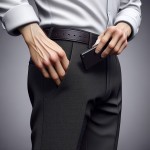 یک مرد با شلوار مشکی و پیراهن سفید در حال قرار دادن تلفن همراه خود در جیب پشت شلوار است