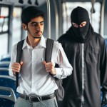 یک جوان ایرانی با پیراهن سفید و شلوار مشکی در اتوبوس ایستاده است و هندزفری در گوش خود گذاشته است و یک سارق در پشت او با کاپشن و ماسک سیاه ایستاده است