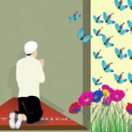 فردی در مسجد با تمام توجه اش دارد نماز میخواند و قرق در سجده است زیر پاهایش پر از گل  است و پروانه ای بر روی شونه اش