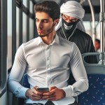 یک جوان ایرانی با پیراهن سفید و شلوار مشکی در اتوبوس ایستاده است و هندزفری در گوش خود گذاشته است و یک مرد سارق و عصبانی در پشت او در حال نگاه کردن به او می باشد
