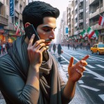 یک مرد ایرانی تلفن همراه در دست دارد و کنار خیابان ایستاده است