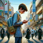 یک جوان ایرانی که از مدرسه در حال برگشتن است و کنار خیابان ایستاده است و گوشی تلفن همراه را در دست  دارد