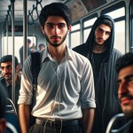 یک جوان ایرانی با پیراهن سفید و شلوار مشکی در اتوبوس ایستاده است و هندزفری در گوش خود گذاشته است و یک مرد جوان ایرانی در پشت او با هودی سیاه در حال نگاه کردن به او است