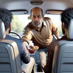 یک راننده تاکسی ایرانی با پیراهن قهوه ای و سر کچل در حال دادن یک کلوچه به مسافری است که در تاکسی نشسته است