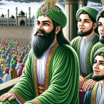 امام علی با چهره نورانی با لباس سبز در حال تماشای رژه ارتش خود در سکویی بلند همراه با مقاماتش و امام حسین و امام حسن  با چهره نورانی در کنار او در حال تماشا هستند