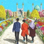 یه عکس درست کن چند تا دانش اموز ایرانی در کنار هم هستن و دارن با هم در مسیری حرکت میکنند و کنارشون طبیعت باشه با گل های زیبا و ته مسیر یه مسجد زیبا باشه