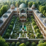 یک مدرسه با حیات و شبستان هایی در اطراف حیات که وسط ساختمان و کلاس ها یک مسجد باشد. نمای ساختمان مذهبی و سنتی و ایرانی باشد. در دو طبقه. طرح معماری ایرانی اسلامی باشد. فضای سبز و درخت کاری هم داشته باشد.