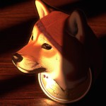 عکس سگ شیبا اینو که روی سکه به صورت سه بعدی حک شده باشد و عبارت DOGE MASK روی سکه حک شده باشد.