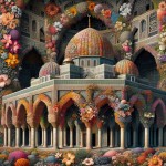 یک تصویر بساز از مسجدالاقصی که در بین ابرو گل های رنگی قرار دارد