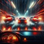 یک تصویر بساز از درون یک خودرو در هوای بارانی که خودروی جلویی آن در حال ترمز گرفتن و تصادف است