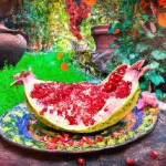 یک عکس سورئالیسم میخوام از یک هندوانه نصف شده داخلش پر از دانه های انار مثل یاقوت روی یک گاری قدیمی وسط باغ پاییزی