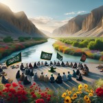 تصویری زیبا از بلوچستان کنار رودخانه  زیبا و گل وگیاه و  قران در دست دارند وبه صورت حلقه نشسته اند و پرچم های بزرگ یا حسین و الله اکبر وهیهات من الذله رادست دارند