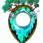 انگشتری طراحی کن که روی انگشتر چند تا درخت با نگین سبز رنگ هست. و رودی به رنگ آبی به شکل آبشار روی رینگ انگشتر جریان پیدا میکنه