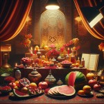 تصویری از سفره شب یلدا با انار و هندوانه و دیوان حافظ ( در تصویر ساخته شده قبلی دیوان حافظ مشخص نبود ) و ... در محیطی سنتی و با استفاده از المان های سنتی ایرانی 

#با جزئیات زیاد#واقعی#نورپردازی سینمایی#نور استدیو#حداکثر وضوح#نورپردازی گرم