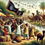 تصویری زیبا از بچه های بلوچستان مشغول عزاداری و پرچم های بزرگ یا حسین در دست دارند و کنار رودخانه و سبدهای حصیری وجود دارد نخل و خورشید شتر وگوسفند مردم با لباس بلوچی زنانه ومردانه هستند و یاعلی یاعلی دست ها بالا و به صورت هیئت عزا داری در حال حرکت هستند