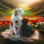 یک مادر محجبه نشسته. پشتش به دوربین. چادر سفید روی سرش با طرح دونه‌های ریز پراکنده‌ی انار. پسر ۴ ساله‌ش پشتش به دوربین. از بغل به مامان تکیه داده. موهای پسره خرمایی‌‌رنگ با ژاکت سبز و شلوار قهوه‌ای. دست مادر روی سر پسره. زیرشون چمن و روبه روشون منظره‌ای از یک دشت لاله