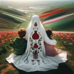 مادر محجبه پشت به دوربین نشسته.چادر سفید با طرح دونه‌ انار.پسر ۴ ساله‌ و دختر ۷ساله‌ش پشت به دوربین نشستن.از بغل به مامان تکیه دادن. موهای پسر خرمایی‌‌. ژاکتش سبز. موهای دختر مشکی با پیرهن صورتی. دست مادر روی سر هردوشون. زیرشون چمن و روبه روشون منظره‌ای از یک دشت لاله