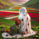 یک مادر محجبه نشسته. پشتش به دوربین. چادر سفید روی سرش. روی چادرش طرح دونه‌های انار. پسر ۴ ساله‌ش پشتش به دوربین. از بغل به مامان تکیه داده. موهای پسره خرمایی‌‌رنگ با ژاکت سبز و شلوار قهوه‌ای دست مادر روی سر پسر. زیرشون چمن و روبه روشون منظره‌ای از یک دشت لاله