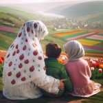 مادر محجبه پشت به دوربین نشسته.چادر سفید با طرح دونه‌ انار.پسر ۴ ساله‌ و دختر ۷ساله‌ش پشت به دوربین نشستهن. از بغل به مامان تکیه دادن. موهای پسر خرمایی‌‌. ژاکتش سبز. موهای دختر مشکی با پیرهن صورتی. دست مادر روی سر هردوشون. زیرشون چمن و روبه روشون منظره‌ای از یک دشت لاله