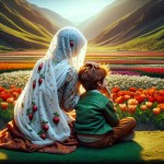 یک مادر محجبه نشسته. پشتش به دوربین. چادر سفید روی سرش با طرح دونه‌های ریز پراکنده‌ی انار. پسر ۴ ساله‌ش پشتش به دوربین. از بغل به مامان تکیه داده. موهای پسره خرمایی‌‌رنگ با ژاکت سبز و شلوار قهوه‌ای. دست مادر روی سر پسره. زیرشون چمن و روبه روشون منظره‌ای از یک دشت لاله
