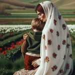 یک مادر محجبه نشسته. پشتش به دوربین. چادر سفید روی سرش با طرح دونه‌های انارِ پراکنده. پسر ۴ ساله‌ش پشتش به دوربین. از بغل به مامان تکیه داده. موهای پسره خرمایی‌‌رنگ با ژاکت سبز و شلوار قهوه‌ای. دست مادر روی سر پسره. زیرشون چمن و روبه روشون منظره‌ای از یک دشت لاله