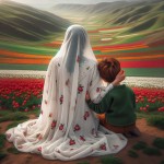 یک مادر محجبه پشتش به دوربین نشسته. چادر سفید روی سرش با طرح دونه‌های ریز انار. پسر ۴ ساله‌ش پشتش به دوربین. از بغل به مامان تکیه داده. موهای پسره خرمایی‌‌رنگ با ژاکت سبز و شلوار قهوه‌ای. دست مادر روی سر پسر قرار داره. زیرشون چمن و روبه روشون منظره‌ای از یک دشت لاله