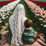 یک مادر محجبه نشسته. پشتش به دوربین. چادر سفید روی سرش با طرح دونه‌های انارِ پراکنده. پسر ۴ ساله‌ش پشتش به دوربین. از بغل به مامان تکیه داده. موهای پسره خرمایی‌‌رنگ با ژاکت سبز و شلوار قهوه‌ای دست مادر روی سر پسر. زیرشون چمن و روبه روشون منظره‌ای از یک دشت لاله