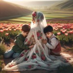 مادر محجبه پشت به دوربین نشسته.چادر سفید با طرح دونه‌ انار.پسر ۴ ساله‌ و دختر ۷ساله‌ش پشت به دوربین نشستهن. از بغل به مامان تکیه دادن. موهای پسر خرمایی‌‌. ژاکتش سبز. موهای دختر مشکی با پیرهن صورتی. دست مادر روی سر هردوشون. زیرشون چمن و روبه روشون منظره‌ای از یک دشت لاله
