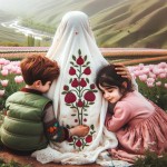 مادر محجبه پشت به دوربین نشسته.چادر سفید با طرح دونه‌ انار.پسر ۴ ساله‌ و دختر ۷ساله‌ش پشت به دوربین نشستن. از بغل به مامان تکیه دادن. موهای پسر خرمایی‌‌. ژاکتش سبز. موهای دختر مشکی با پیرهن صورتی. دست مادر روی سر هردوشون. زیرشون چمن و روبه روشون منظره‌ای از یک دشت لاله