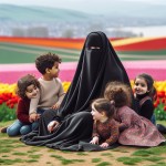 مادر محجبه چادر مشکی پشت به دوربین نشسته .۲تا پسرِ ۴ و ۵ساله و ۲ تا دخترِ ۲ و ۷ساله‌ش دورِ مامان حلقه زدن و به مامان نگاه می‌کنن. زیرشون چمن و روبه روشون منظره‌ای از یک دشت لاله