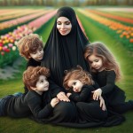 مادر محجبه چادر مشکی پشت به دوربین نشسته .۲تا پسرِ ۴ و ۵ساله و ۲ تا دخترِ ۲ و ۷ساله‌ش دورِ مامان حلقه زدن و به مامانشون نگاه می‌کنن. زیرشون چمن و روبه روشون منظره‌ای از یک دشت لاله