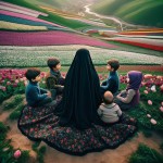 مادر محجبه چادر مشکی پشت به دوربین نشسته .۲تا پسرِ ۴ و ۵ساله و ۲ تا دخترِ ۲ و ۷ساله‌ش دورِ مامان حلقه زدن و به مامان نگاه می‌کنن. زیرشون چمن و روبه روشون منظره‌ای از یک دشت لاله
