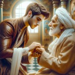 یک تصویر بساز از یک جوان ایرانی با لباس قهوه ای که در حال بوسیدن دست پدر پیر خود است که لباس سفید دارد و در یک محیط نورانی قرار دارند