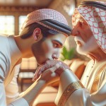 یک تصویر بساز از یک جوان ایرانی که در حال بوسیدن دست پدر پیر خود است و در یک محیط نورانی قرار دارند